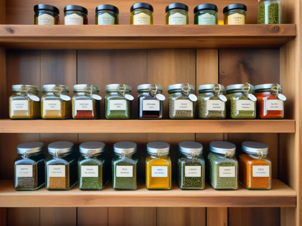 Variado tesoro de hierbas y especias en frascos de vidrio Una selección variada de hierbas y especias coloridas en frascos de vidrio en una estantería rústica de madera
