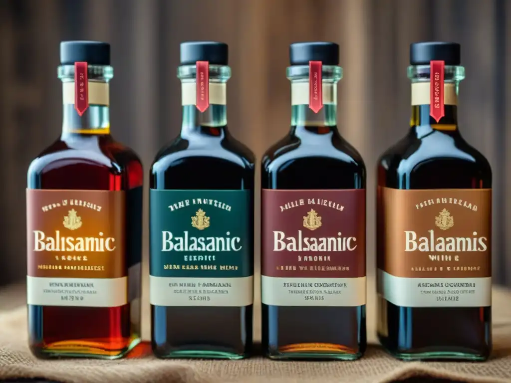 Una selección de vinagres balsámicos en botellas de vidrio elegantes, con etiquetas italianas, bañadas en luz natural