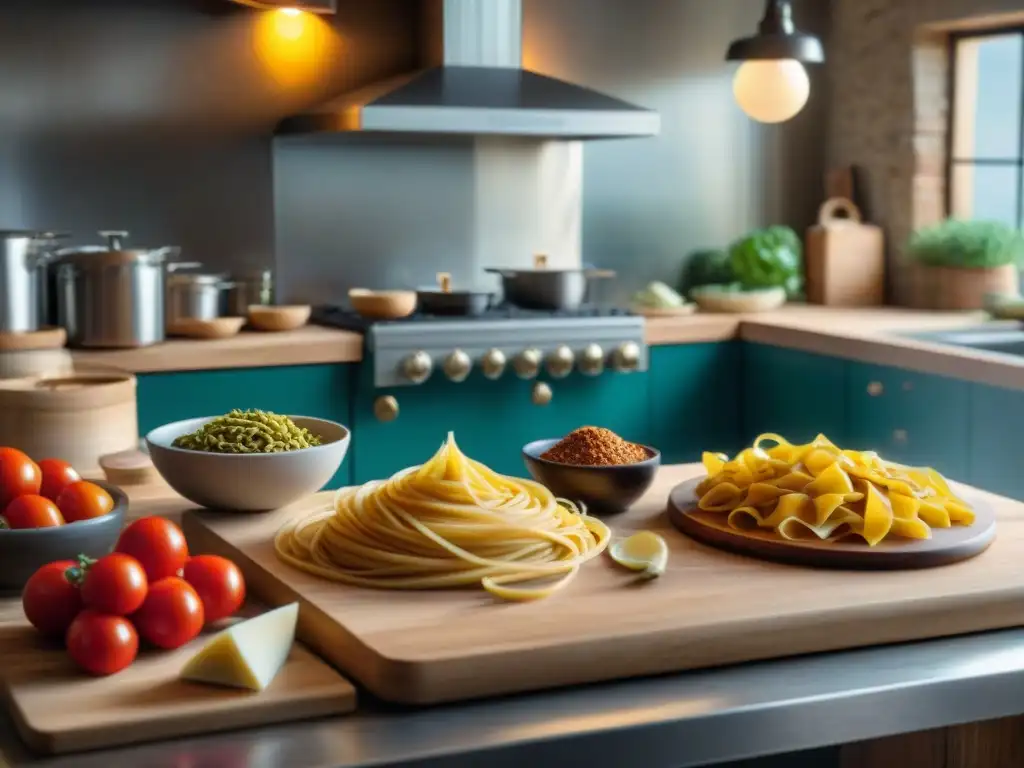 Un set de película italiano bullicioso con chefs preparando pasta, actores y director discutiendo escena