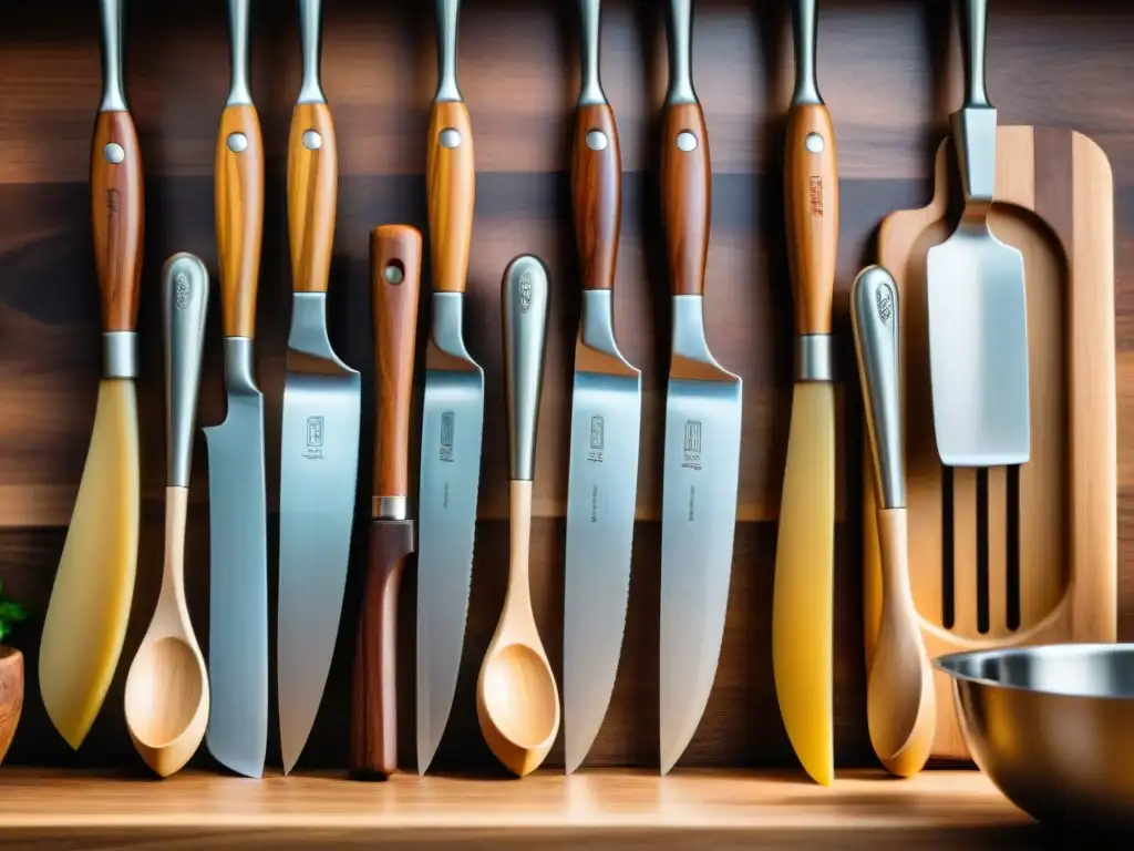 Un set de utensilios de cocina italianos innovadores en acero inoxidable, pasta y madera, sobre una mesa rústica