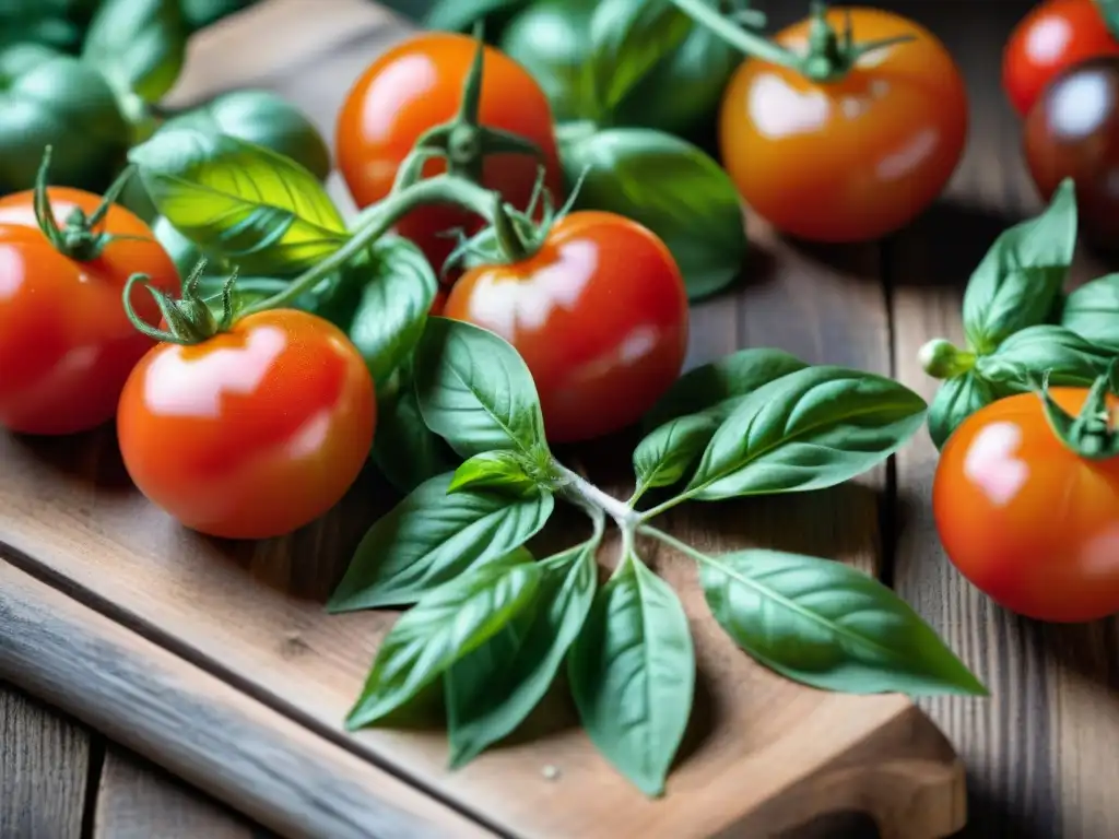 Una sinfonía de sabores y colores de la cocina italiana con tomates, albahaca y ajo en un huerto urbano, lista para deleitar tus sentidos