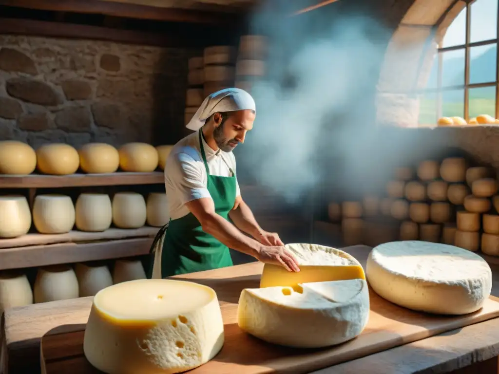 El sol ilumina a artesanos italianos creando Caciocavallo queso en un entorno rústico