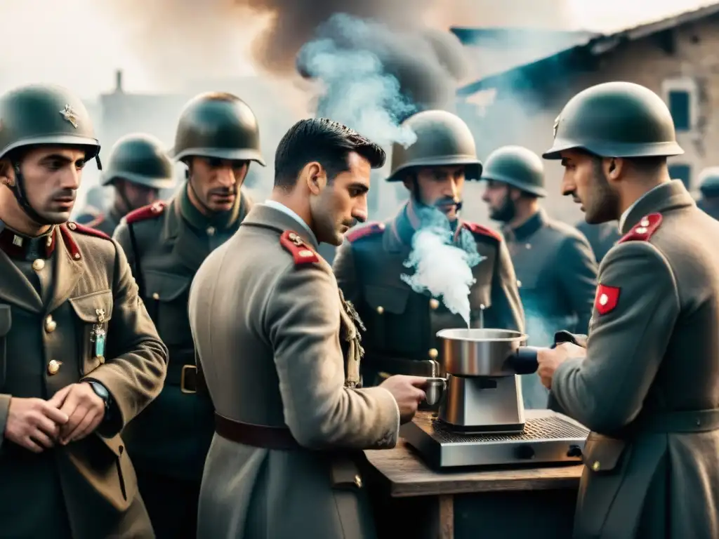 Soldados italianos se reúnen alrededor de una máquina de espresso en un escenario de guerra, expresando historia del espresso en Italia