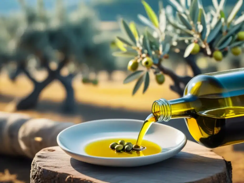 Un sommelier de aceite de oliva vierte con maestría el aceite recién prensado en un plato de degustación, en un molino histórico de Puglia