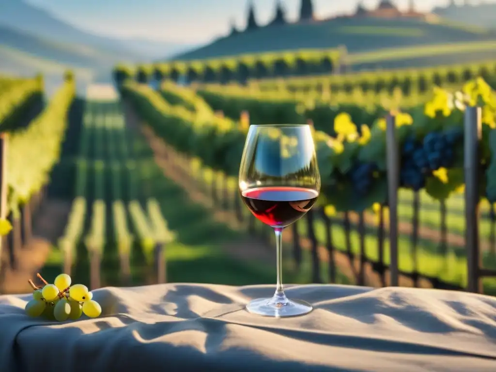 Un sommelier vierte Barolo en copa de cristal en viñedo italiano al atardecer