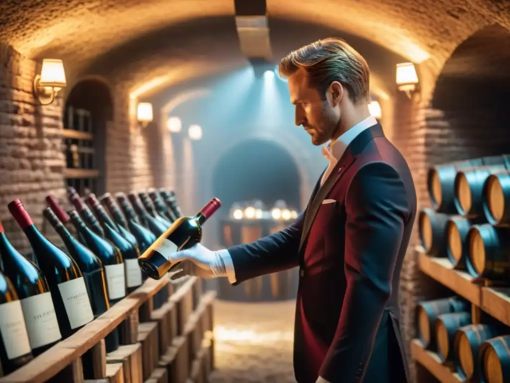 Un sommelier en bodega exclusiva decanta vino tinto en copa elegante