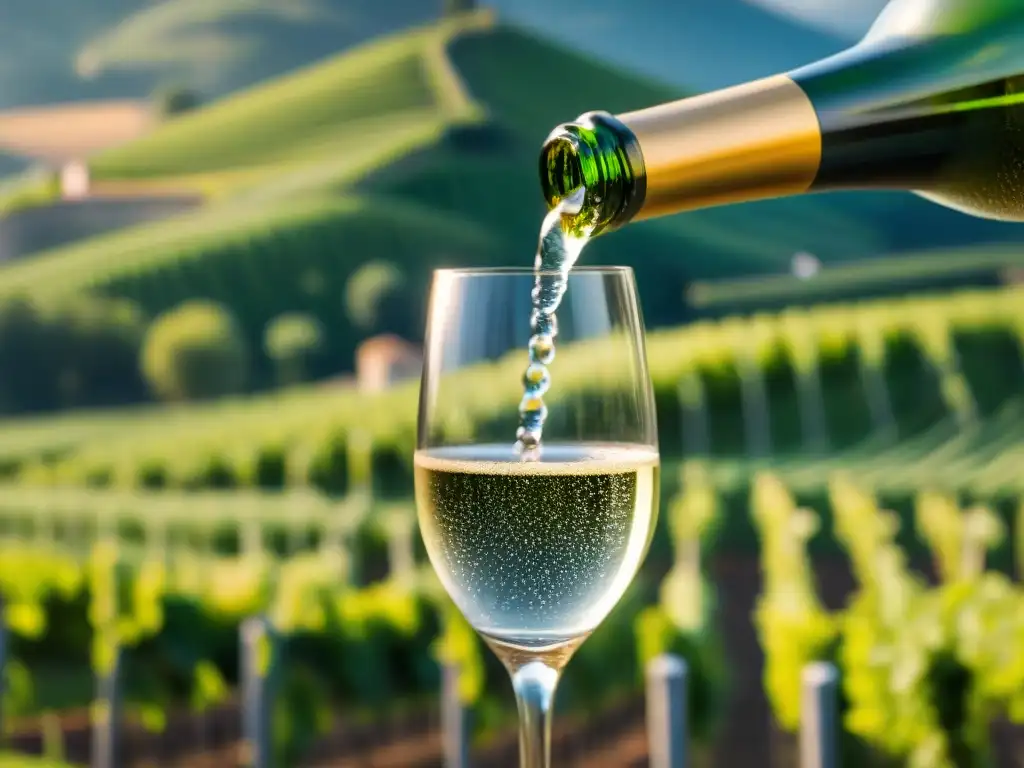 Un sommelier sirviendo champagne Franciacorta en una copa, con burbujas ascendiendo y viñedos italianos al fondo