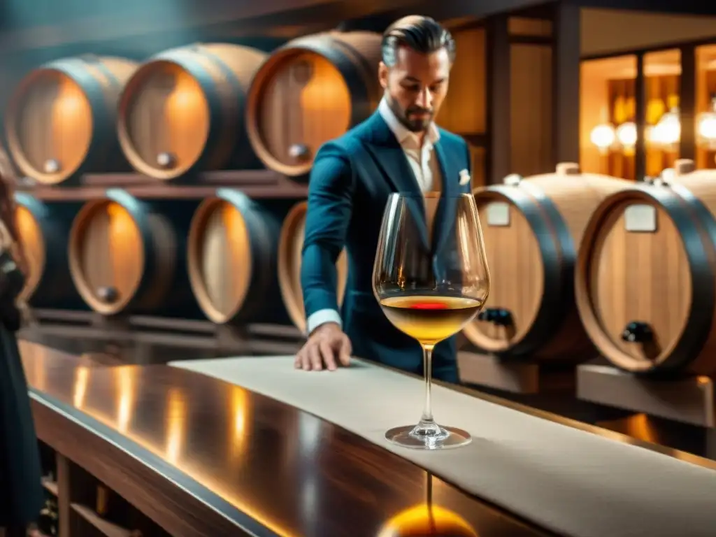 Un sommelier vierte Ribolla Gialla en una copa de cristal, destacando los tonos dorados del vino