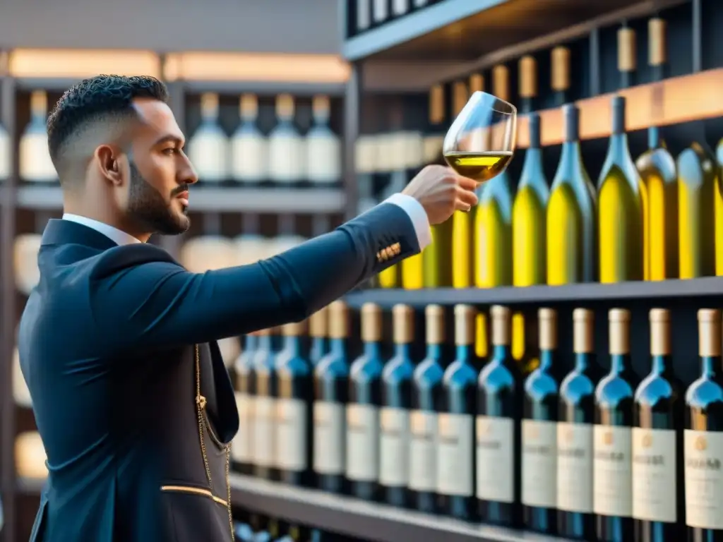 Un sommelier vierte con maestría vino Cortese en copa de cristal, destacando sus tonos dorados