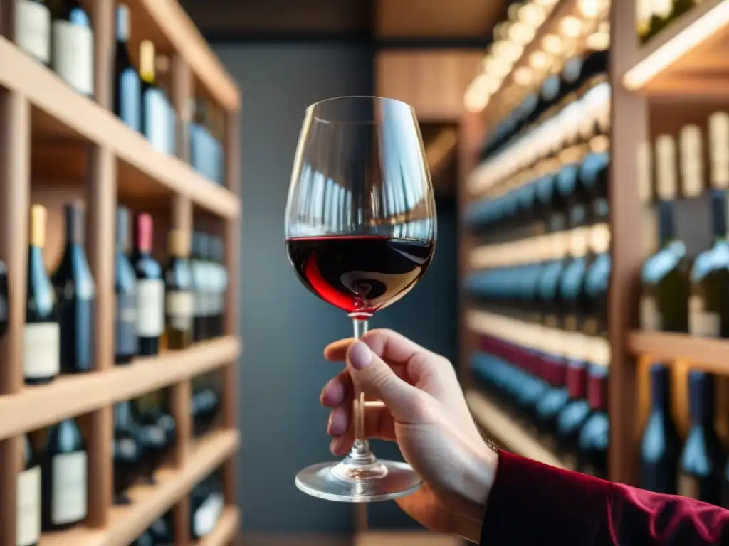 Un sommelier sostiene con delicadeza una copa de vino tinto en un elegante ambiente de cata