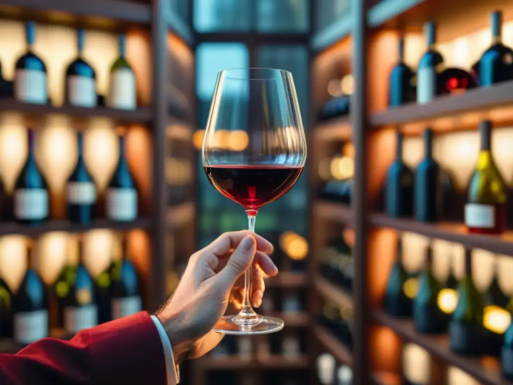 Un sommelier sostiene con delicadeza una copa de vino tinto italiano en un elegante taller de vinos