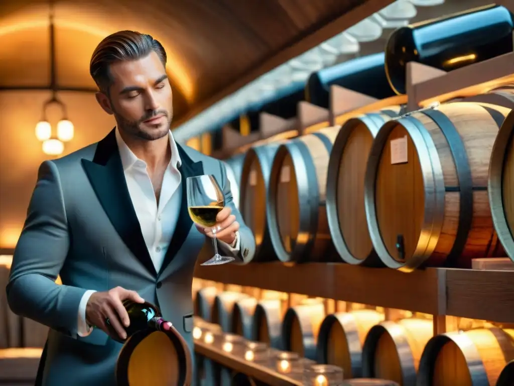 Un sommelier vierte con destreza vino Cortese en una copa de cristal, resaltando su tono dorado