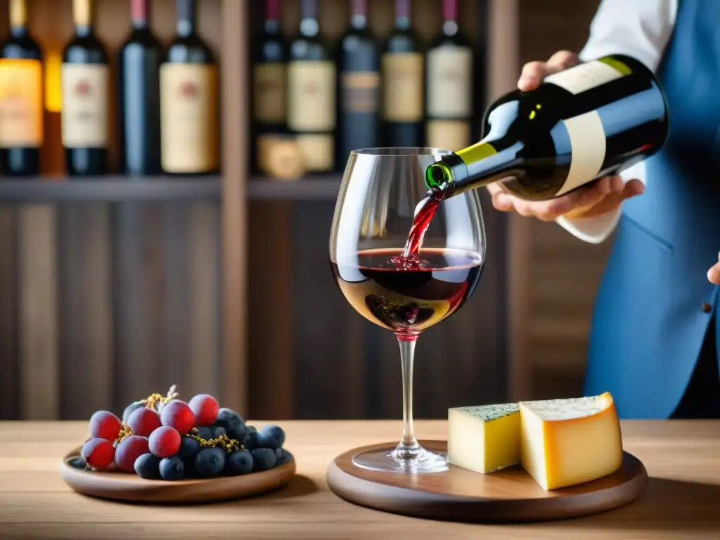 Un sommelier vierte con destreza un Rossese di Dolceacqua en una copa de cristal, rodeado de maridajes Rossese di Dolceacqua