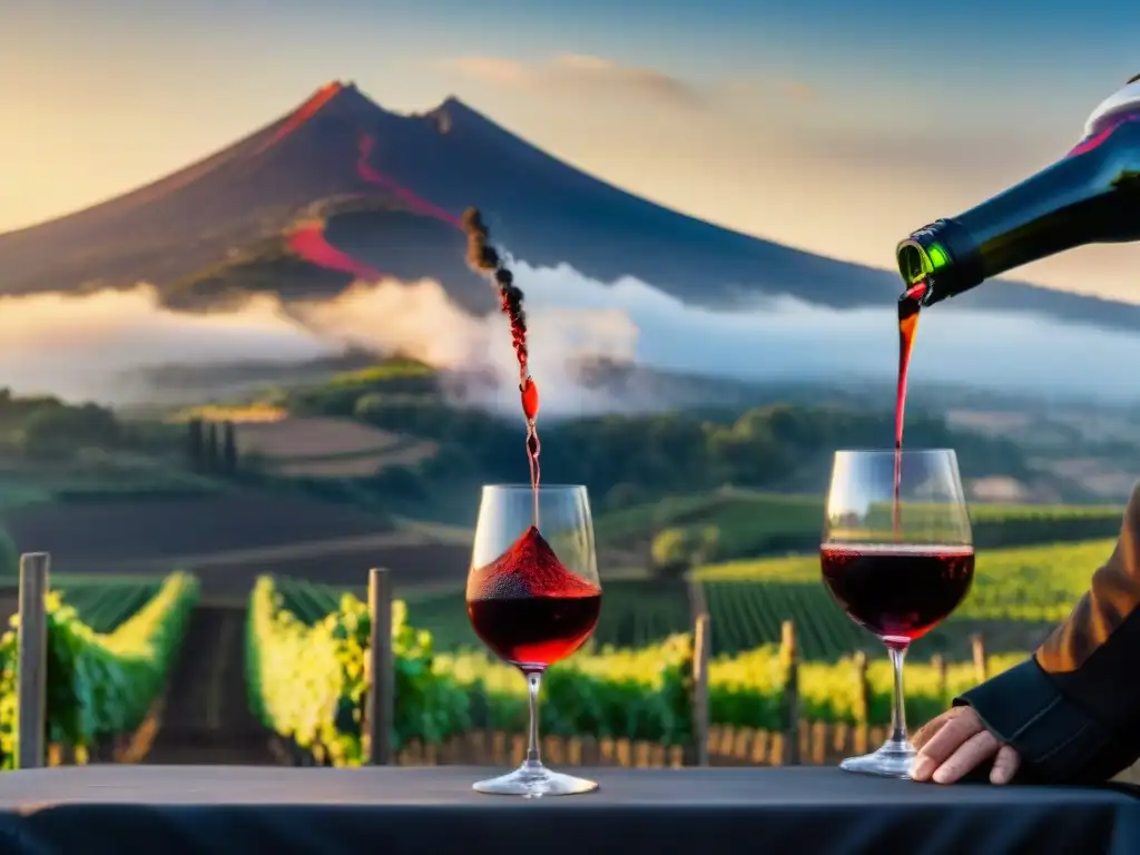 Un sommelier vierte con destreza un vibrante Etna Rosso en una copa cristalina, con un viñedo y el imponente Etna de fondo