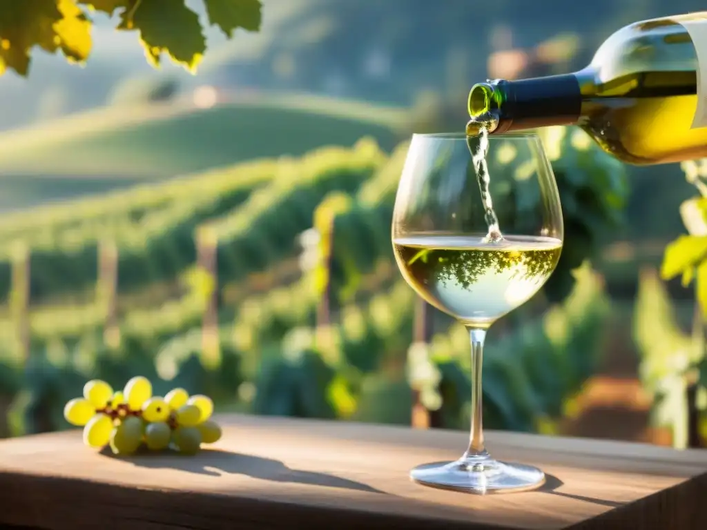 Un sommelier vierte con destreza un vino blanco Friulian en una copa de cristal, resaltando los tonos dorados del vino