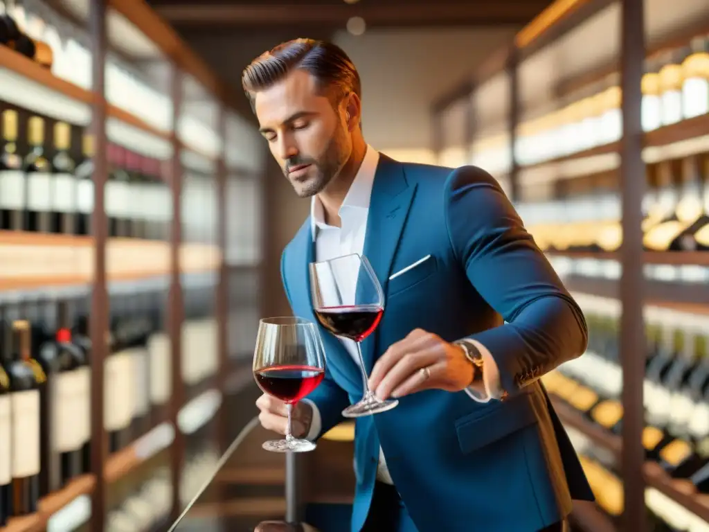 Un sommelier vierte con destreza un vino rojo italiano en una copa de cristal, rodeado de estantes con vinos italianos certificados recomendados