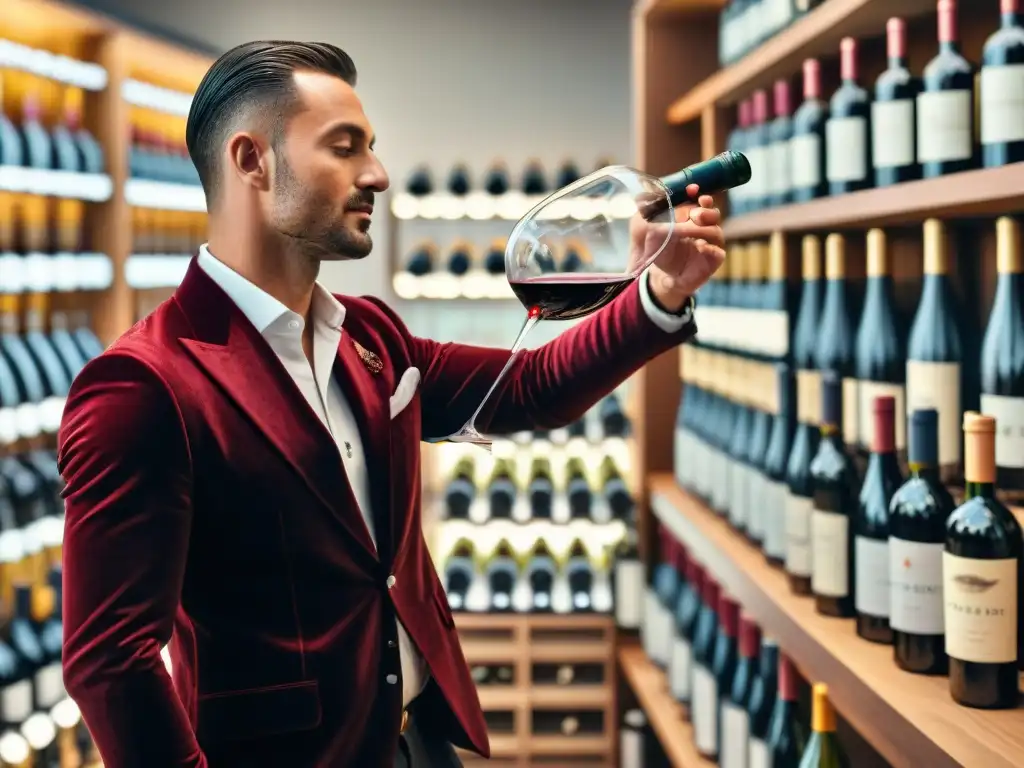 Un sommelier vierte con destreza un vino tinto en una copa cristalina, rodeado de una colección de botellas de vino