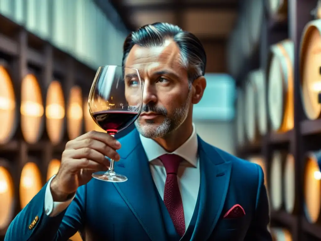 Un sommelier experimentado inspecciona un vino italiano, resaltando la certificación vinos italianos camino experto