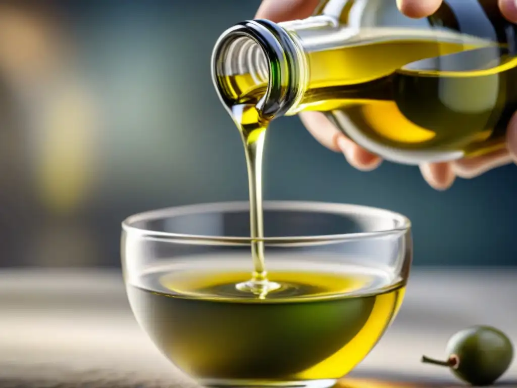 Un sommelier experto degusta aceite de oliva premium, mostrando su viscosidad y textura en un elegante cristal especial