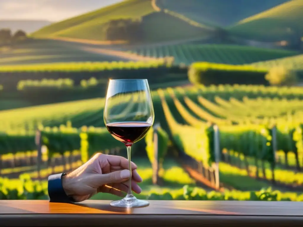 Un sommelier experto disfruta de catas de vino en viñedos al atardecer