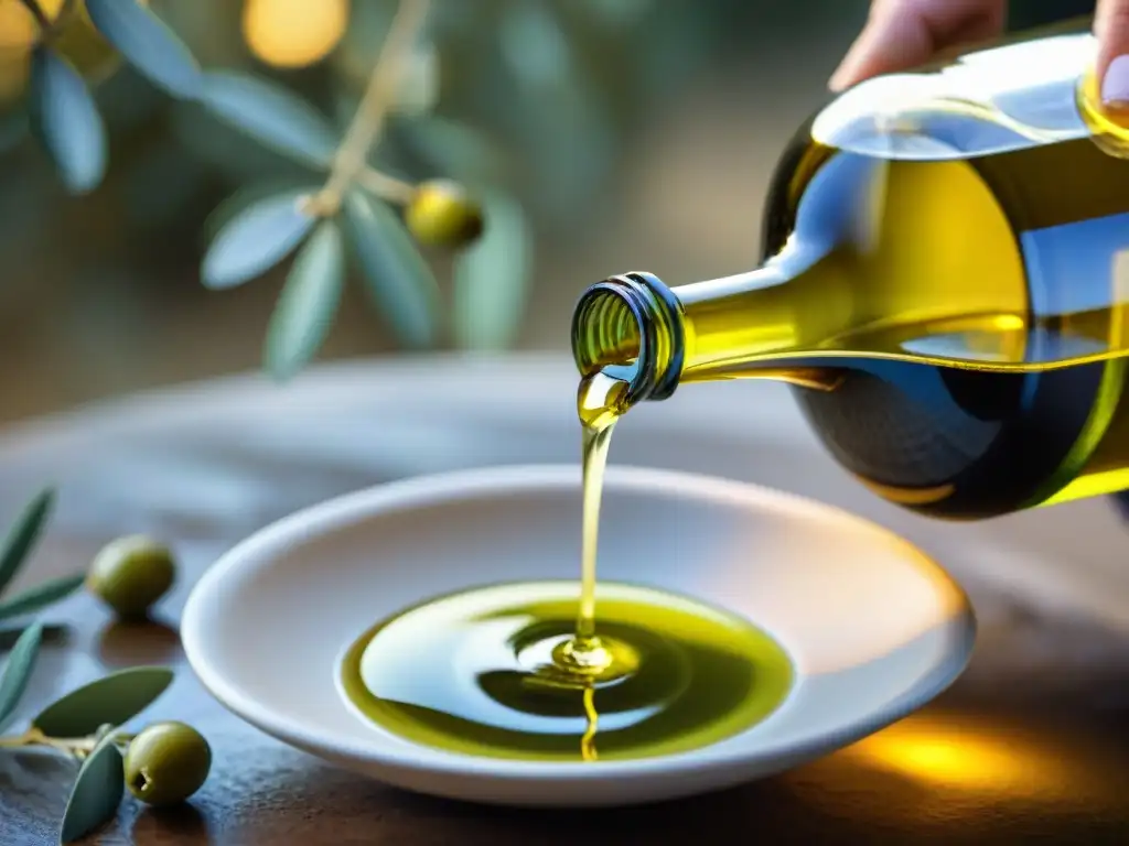 Un sommelier experto vierte con destreza un exquisito aceite de oliva dorado, con botellas italianas al fondo