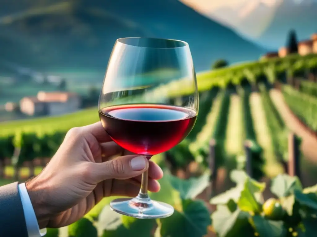 Un sommelier experto y elegante cata vinos italianos en una boda, apreciando el color y textura del vino tinto en copa de cristal