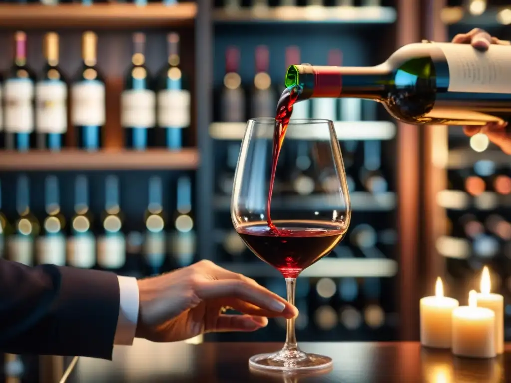 Un sommelier experto sirviendo un vino tinto italiano en un elegante restaurante de Italia, con un ambiente sofisticado y cálido