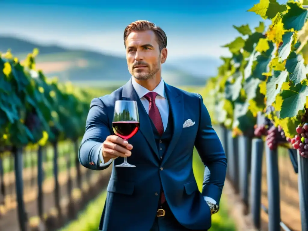 Un sommelier experto removiendo un vino italiano certificado, con viñedos al fondo