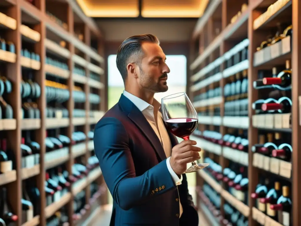 Un sommelier experto remueve un vino tinto italiano en copa, con estantes llenos de vinos italianos certificados en el fondo