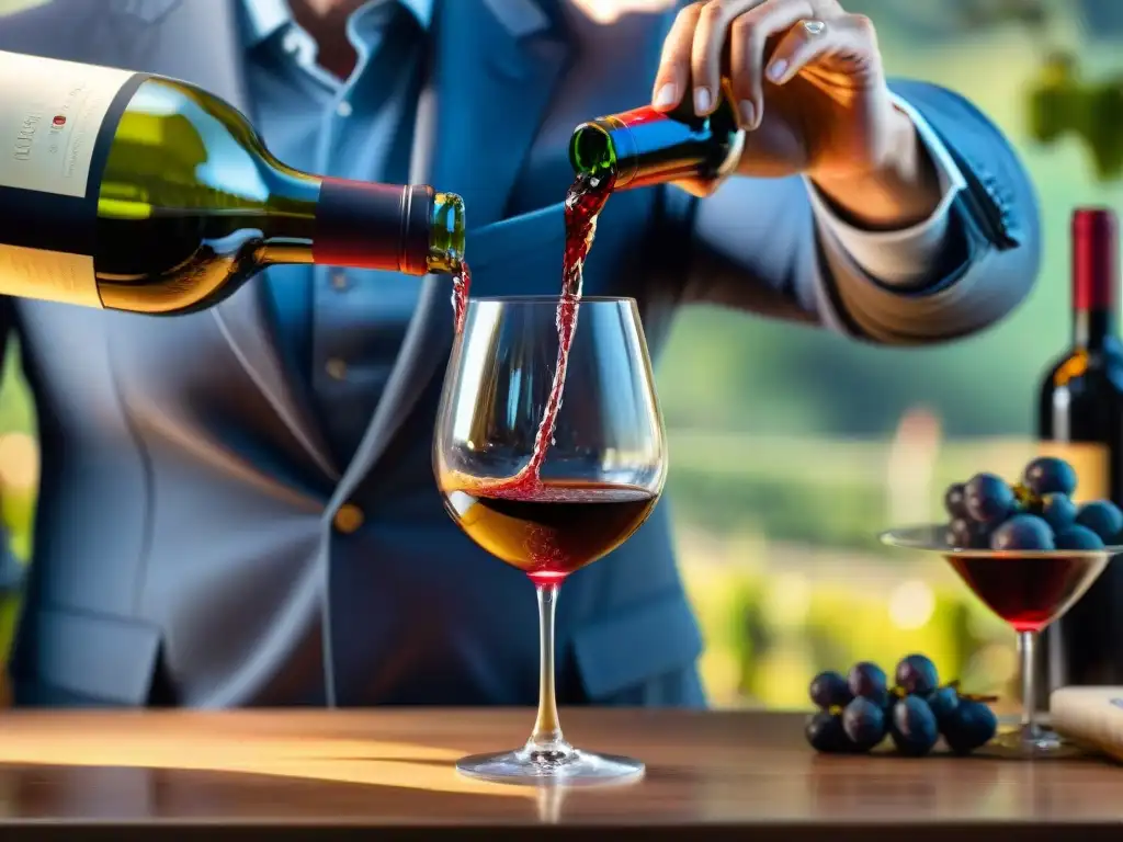 Un sommelier experto aerando un vino tinto italiano, mostrando colores y texturas