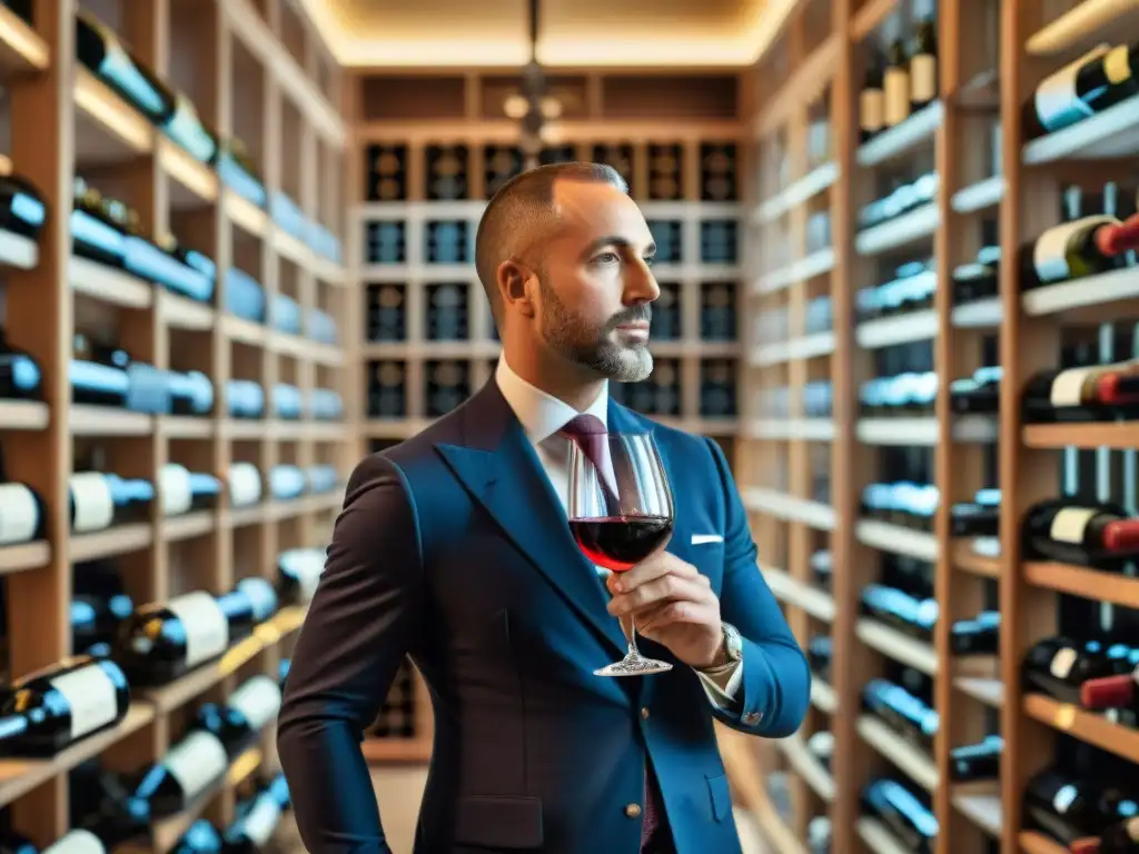 Un sommelier experto remueve vino italiano certificado, mostrando la técnica de cata