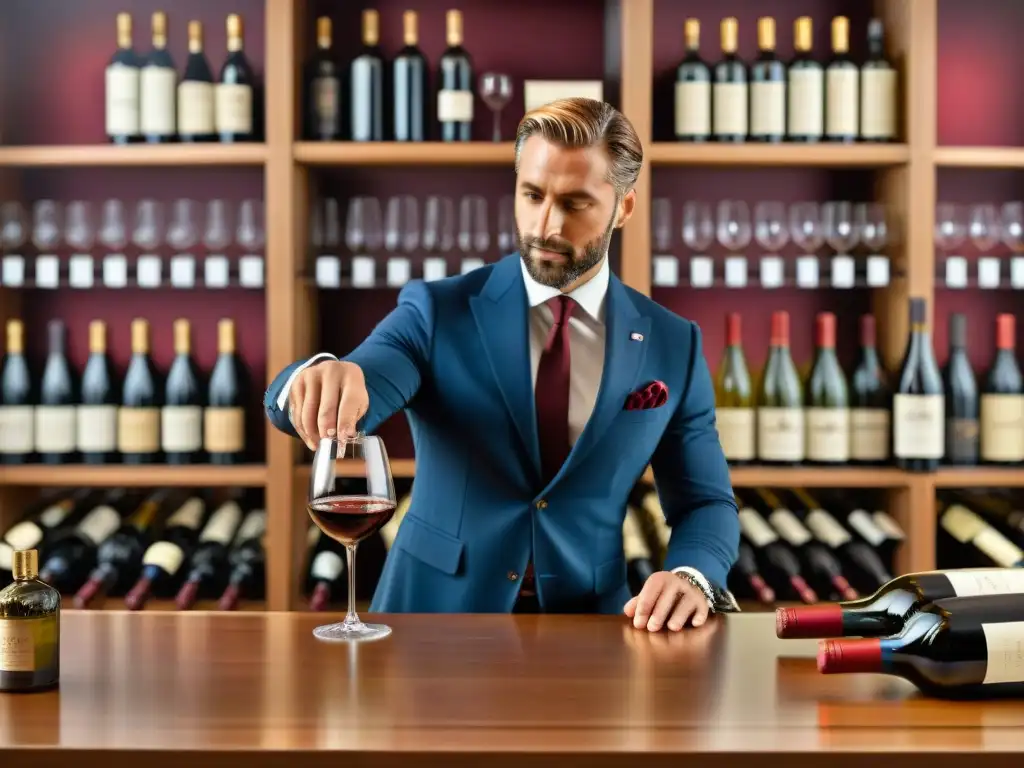 Un sommelier experto sirviendo vino tinto italiano en copa de cristal, rodeado de botellas prestigiosas