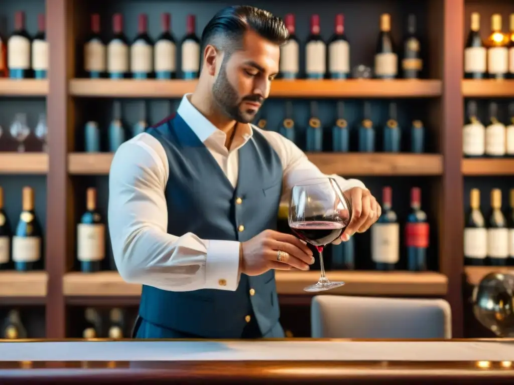 Un sommelier experto sirviendo un vino tinto italiano en una copa de cristal, en un restaurante tradicional