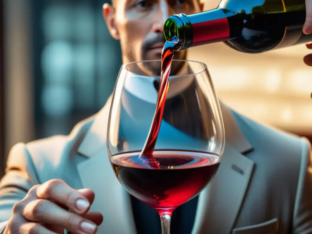 Un sommelier experto remolinea un vino tinto italiano, reflejando pasión y maestría