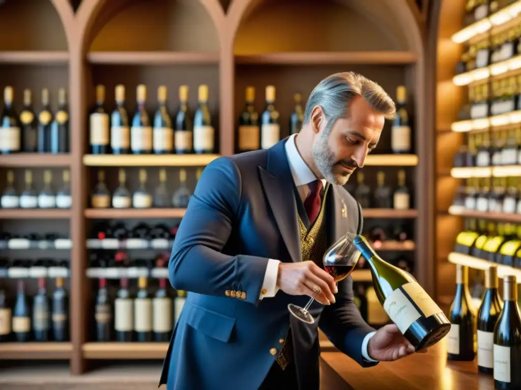 Un sommelier experto sirve vino Orvieto, resaltando sus tonos dorados y patrones elegantes al llenar la copa