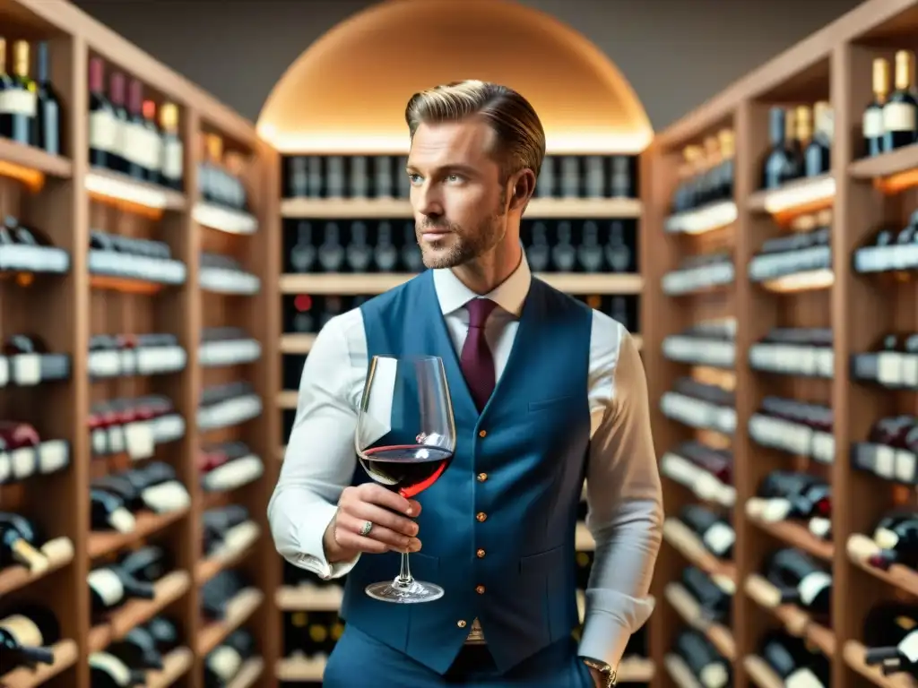 Un sommelier experto remueve elegantemente un vino tinto en copa, rodeado de estanterías repletas de botellas de vino de diversas regiones