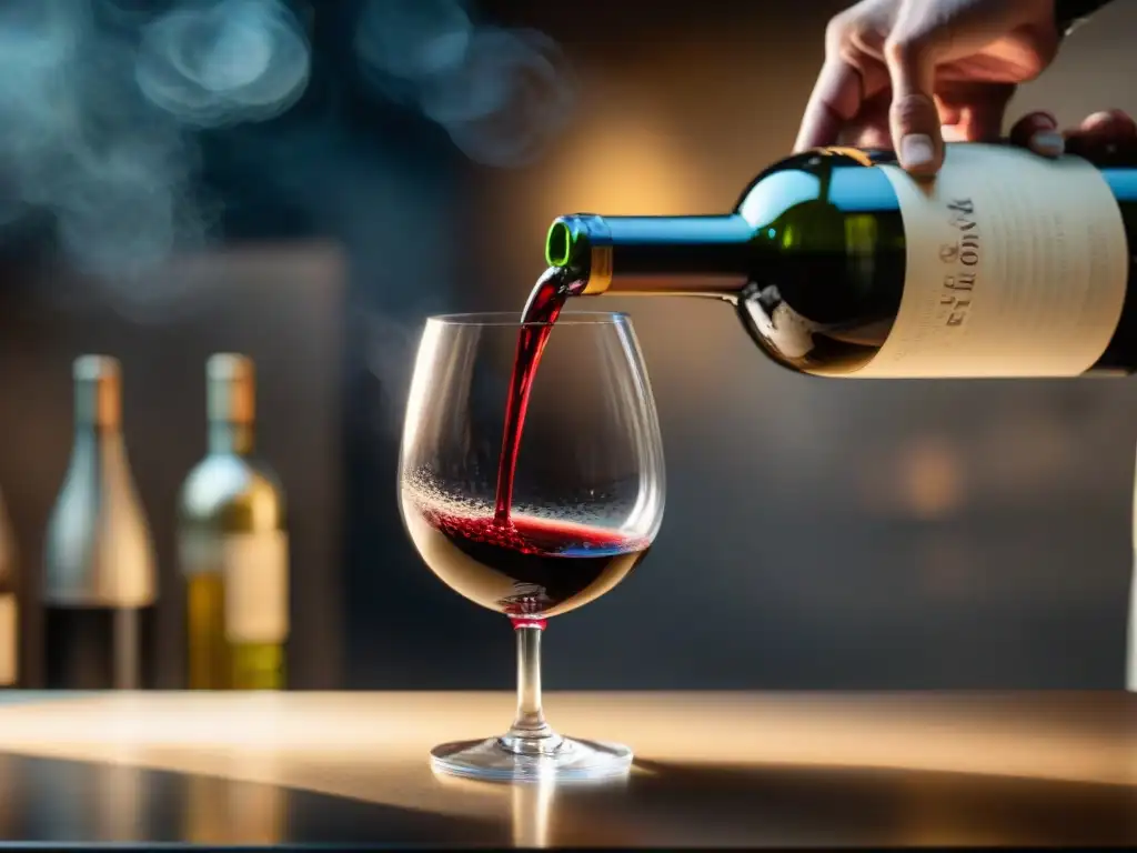 Un sommelier experto sirviendo un vino tinto en copa de cristal en bodega subterránea