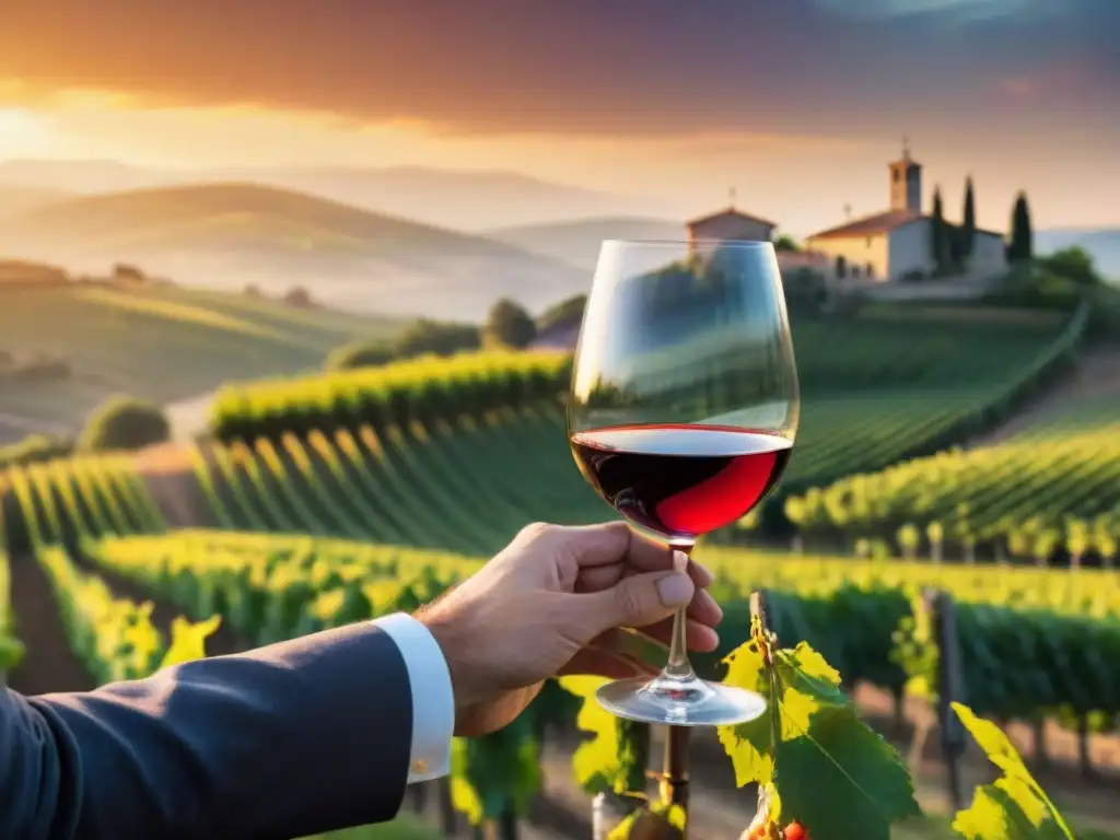 Un sommelier experto certifica vinos italianos entre viñedos al atardecer