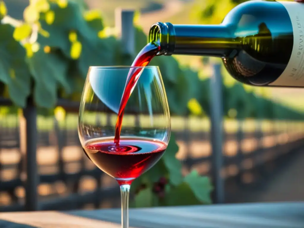 Un sommelier sirviendo un exquisito vino tinto italiano en una copa de cristal, en un viñedo italiano