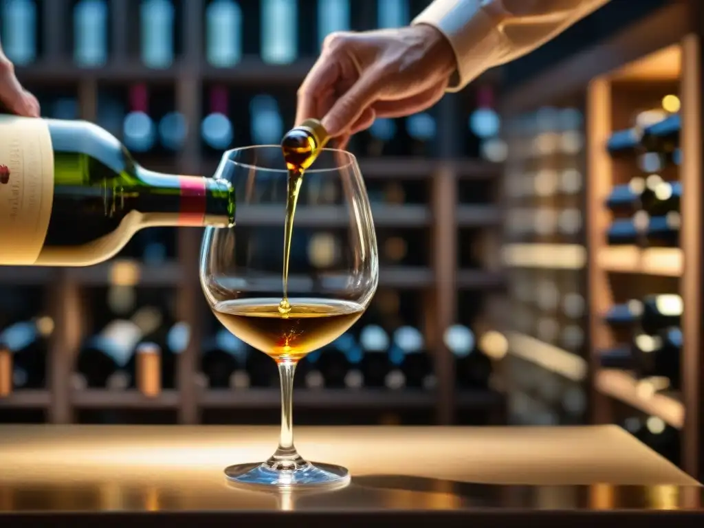 Un sommelier vierte Ribolla Gialla dorado en una copa de cristal, en una bodega elegante