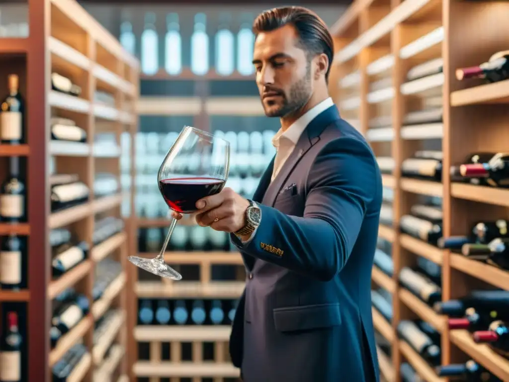 Un sommelier vierte vino tinto italiano en copa cristalina, rodeado de botellas de vinos italianos certificados recomendados