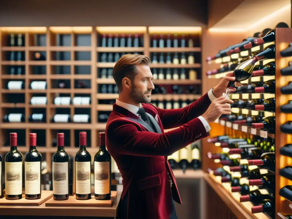 Un sommelier vierte vino tinto italiano en copa de cristal, rodeado de botellas de vino italiano en un restaurante tradicional