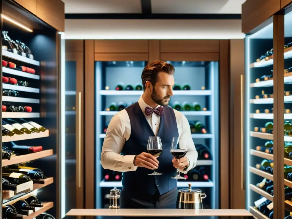 Un sommelier profesional examina vinos italianos en una cocina moderna rodeado de electrodomésticos especializados