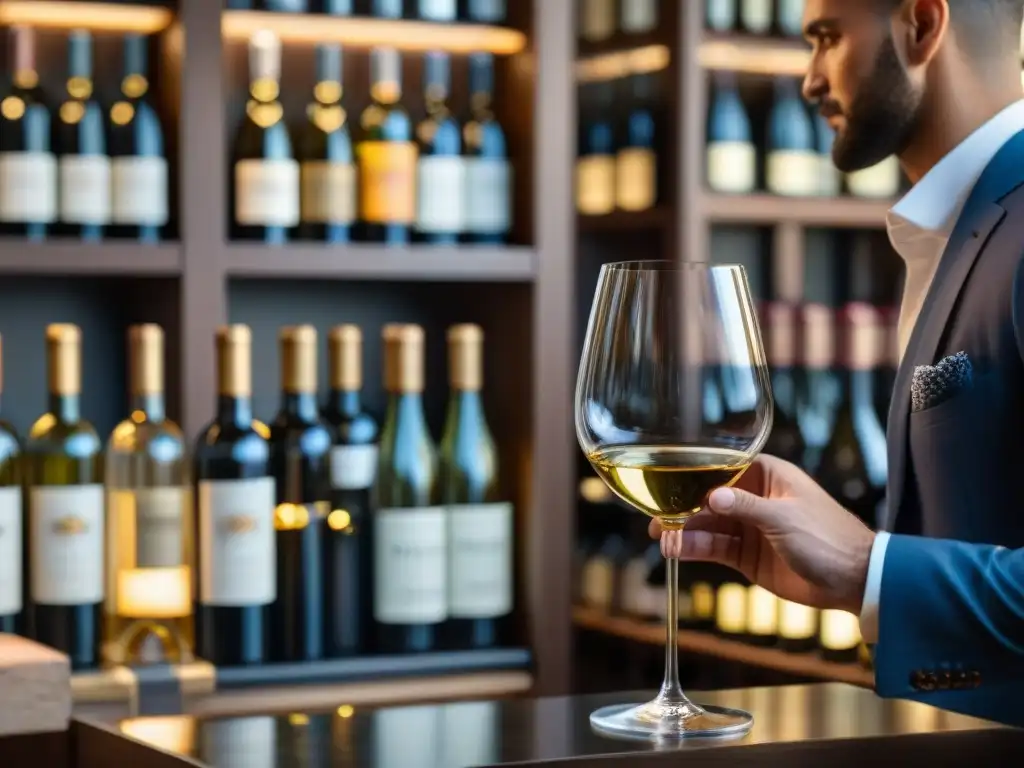 Un sommelier vierte con maestría un Greco di Tufo en una copa de cristal, destacando su tono dorado