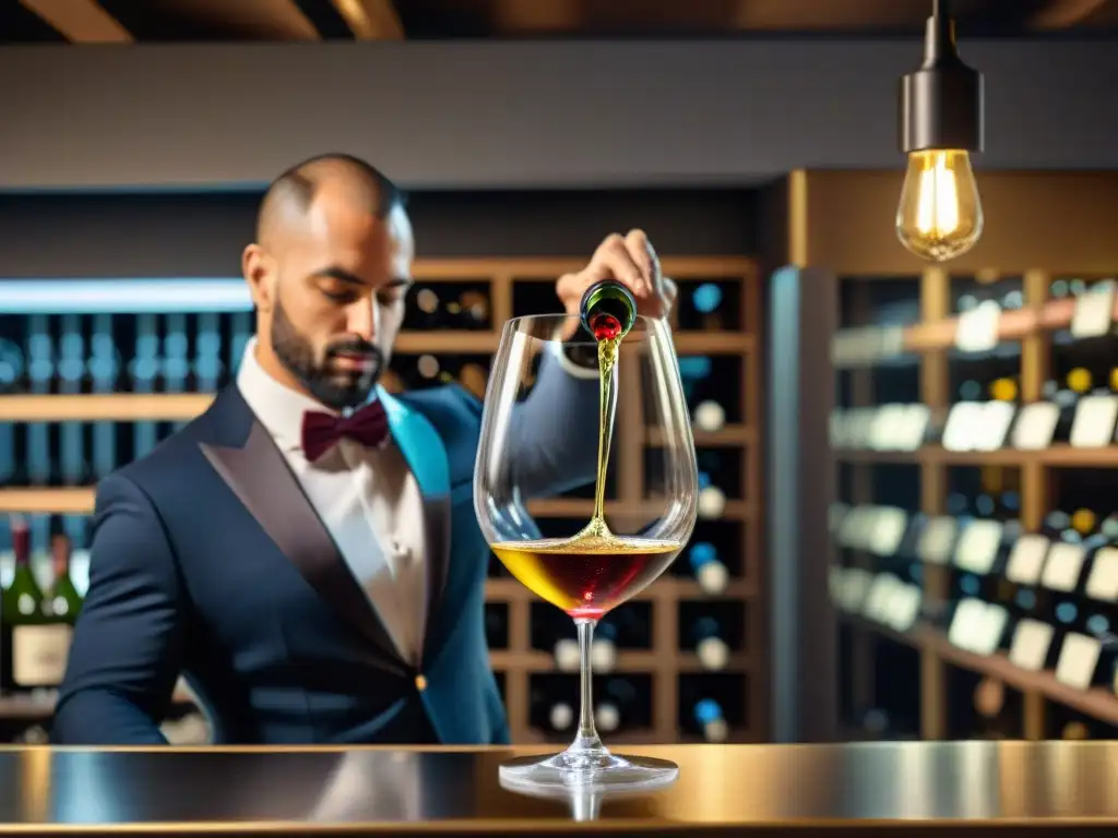 Un sommelier vierte con maestría un Greco di Tufo en una copa de cristal, en una bodega elegante