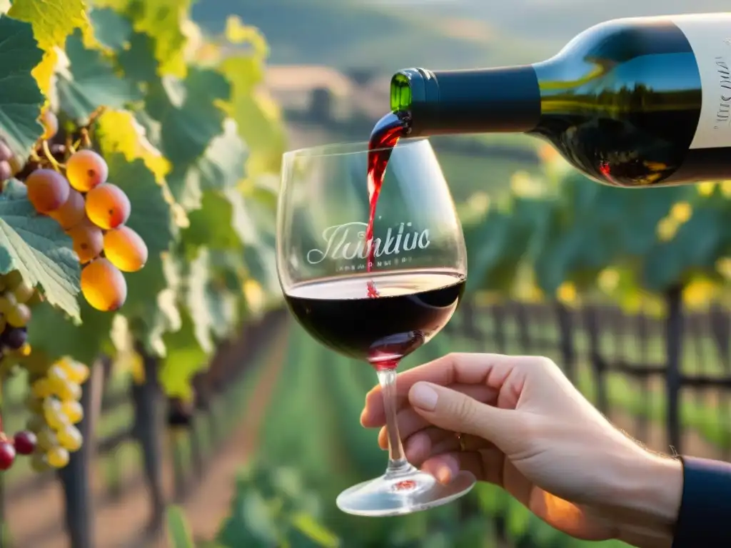 Un sommelier sirviendo un vino Aglianico en una copa de cristal, con viñedos al fondo