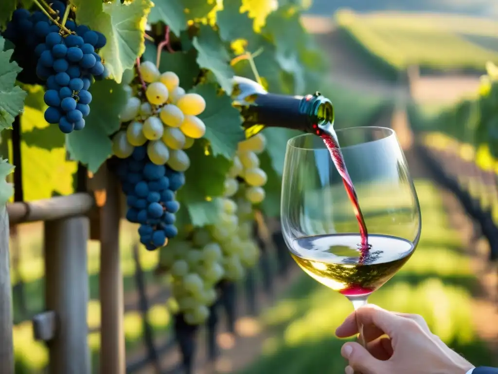 Un sommelier vierte vino blanco Friulano en copa elegante, con viñedo en Friuli al fondo