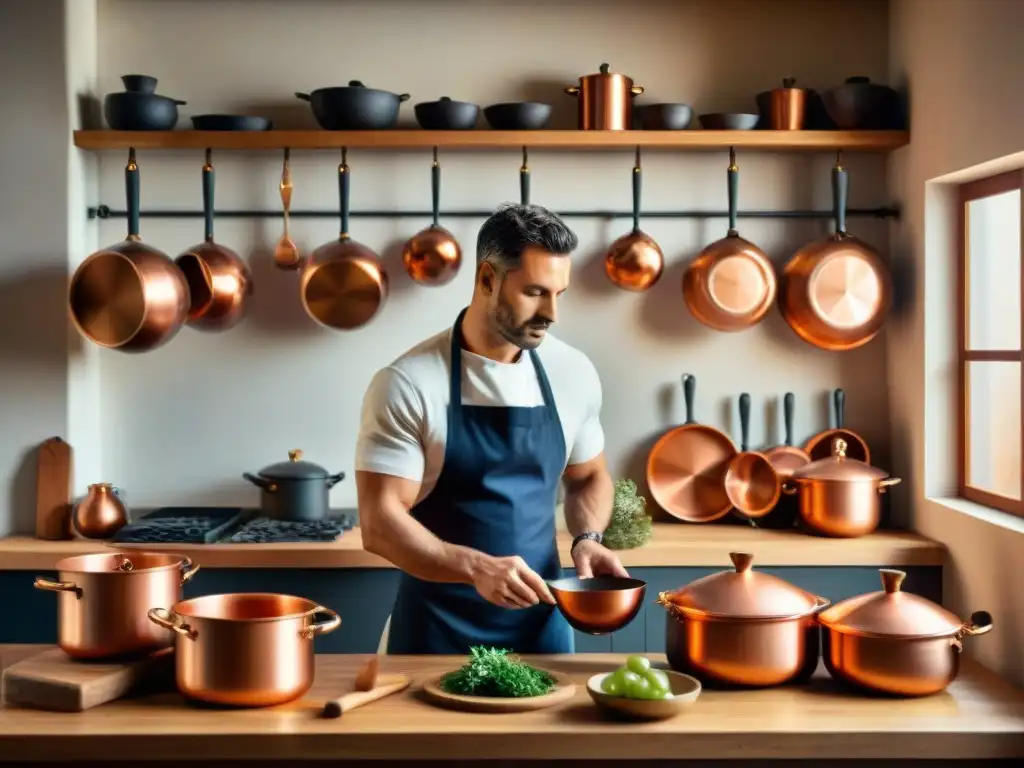 Un sommelier vierte vino en una cocina italiana llena de accesorios y utensilios tradicionales, rodeado de elementos de cobre y botellas de vino