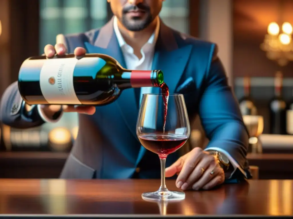 Un sommelier vierte vino calabrés en copa de cristal, destacando los tonos profundos