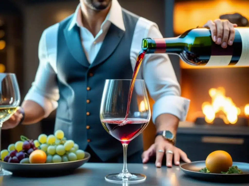 Un sommelier sirviendo vino Marsala en una copa cristalina, en una mesa elegante de cocina italiana para maridajes